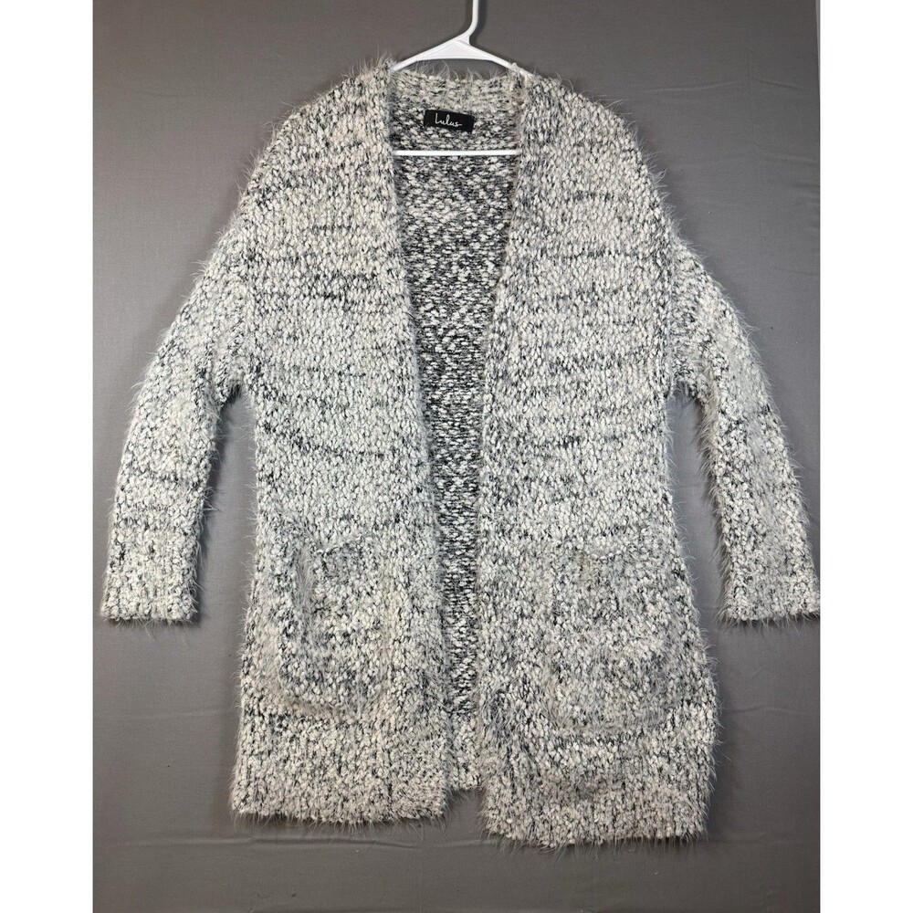 Lulus Marled Fuzzy Knit Open Front V-Neck Cardigan Sweater Gray White Black